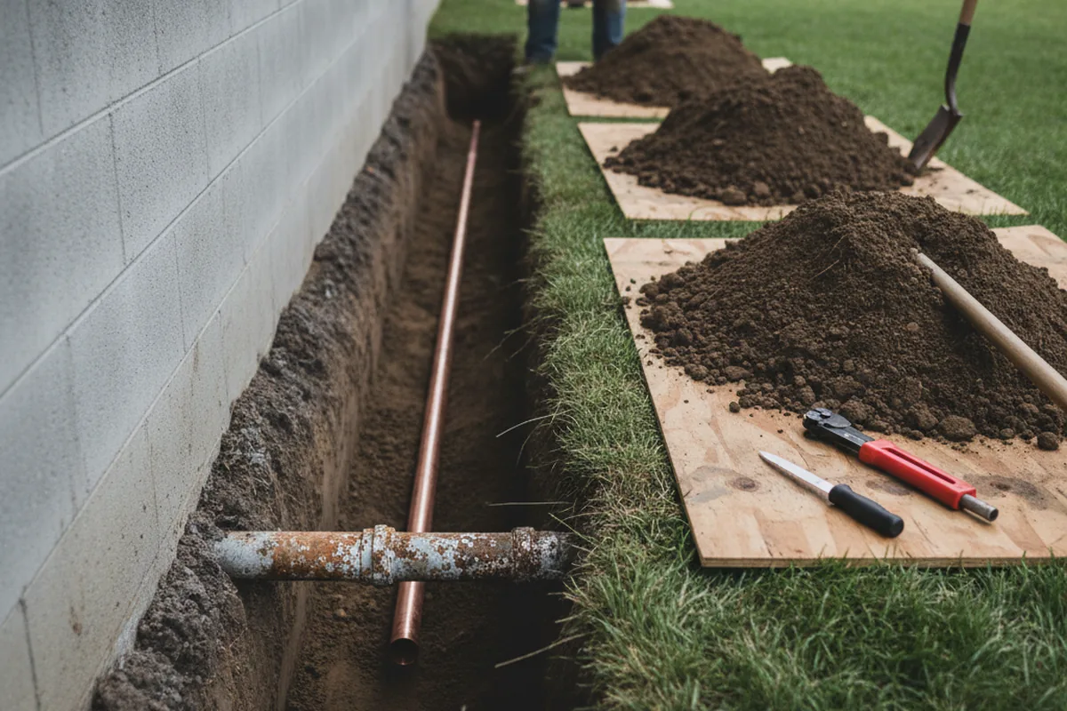 Excavated water line trench during Water Softener Installation in Cuddy